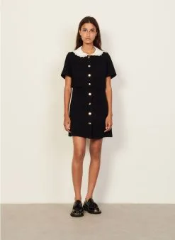 Sandro FAUSTINE - Korte Jurk Van Tweedstof Met Peter Pan-kraagje | Zwart