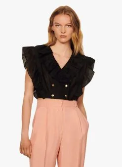 Sandro FOLIE - Top Met V-hals En Volants - Linnenblend | Zwart