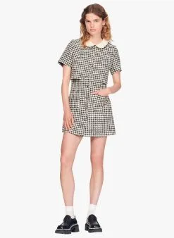 Sandro FAUSTINA - Korte Jurk Van Katoenmix Met Klassieke Kraag En Pied-de-poulemotief | Wit