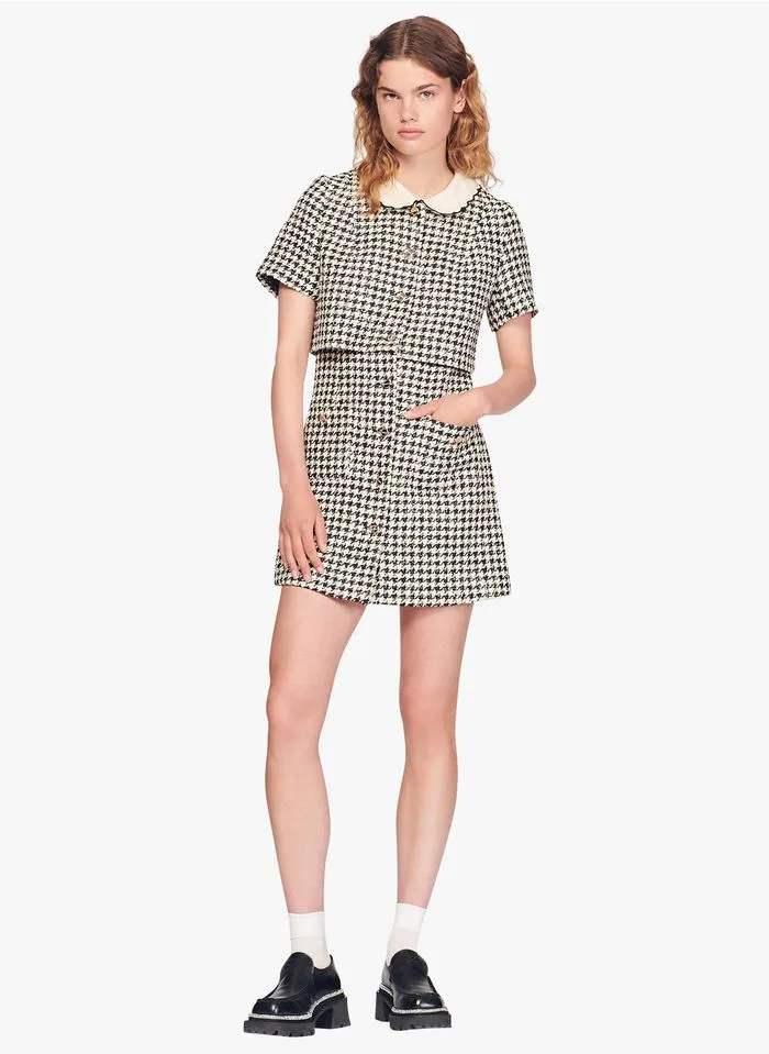 Sandro FAUSTINA - Korte Jurk Van Katoenmix Met Klassieke Kraag En Pied-de-poulemotief | Wit