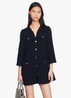 Sandro KEREN - Korte Jurk Van Tweedstof Met V-hals Katoenblend | Zwart