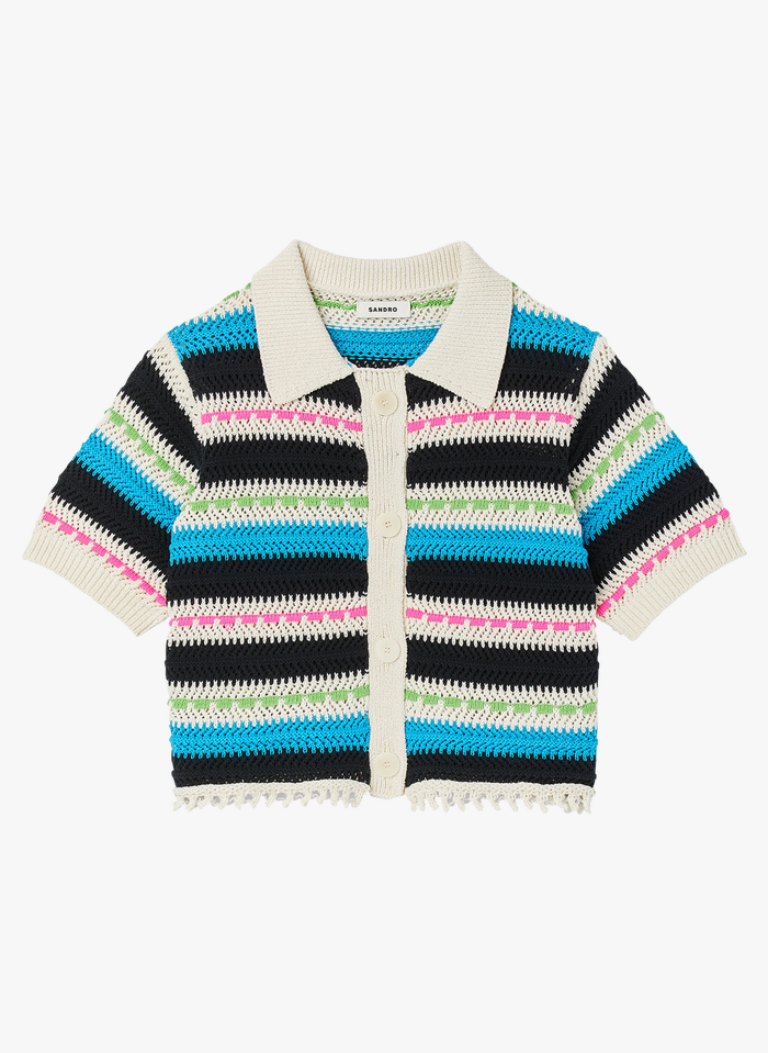 Sandro INDIA - Gestreepte Top Met Klassieke Kraag En Ajourmotiefje | Wit - Afbeelding 2