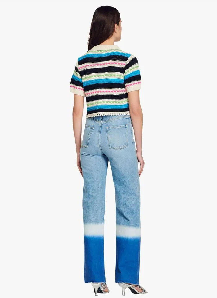 Sandro INDIA - Gestreepte Top Met Klassieke Kraag En Ajourmotiefje | Wit - Afbeelding 4