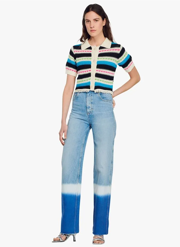 Sandro INDIA - Gestreepte Top Met Klassieke Kraag En Ajourmotiefje | Wit - Afbeelding 3