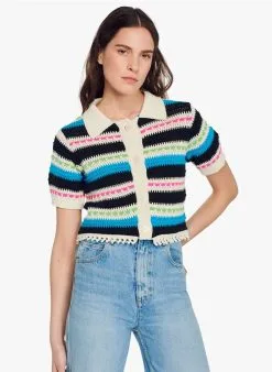 Sandro INDIA - Gestreepte Top Met Klassieke Kraag En Ajourmotiefje | Wit