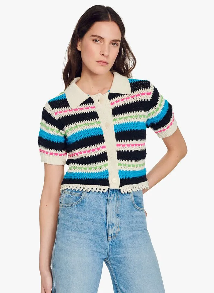 Sandro INDIA - Gestreepte Top Met Klassieke Kraag En Ajourmotiefje | Wit