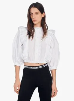 Sandro MATHILDE - Blouse Van Kant En Katoen Met Maokraag En Volants | Wit
