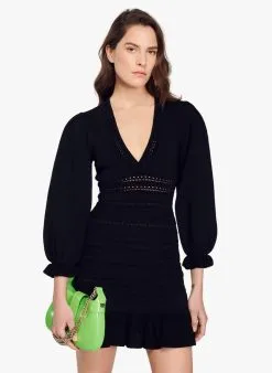 Sandro OMBRE - Korte Jurk Met V-hals En Ajourmotiefje | Zwart