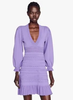 Sandro OMBRE - Korte Jurk Met V-hals En Ajourmotiefje | Violet