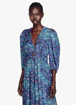 Sandro ALMADA - Halflange, Zijden Jurk Met V-hals En Print | Blauw
