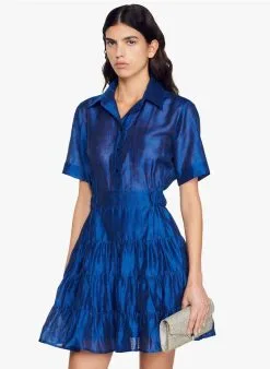 Sandro TANZANITE - Korte Jurk Met Volants Linnenblend | Blauw