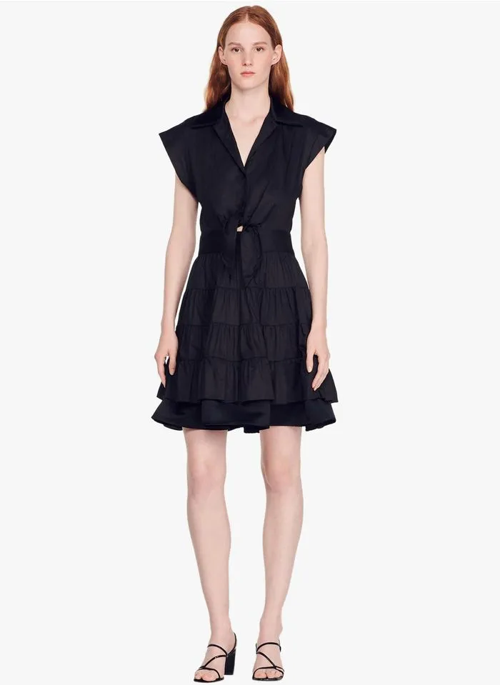 Sandro FIFI - Korte Jurk Van Biokatoen Met V-hals | Zwart