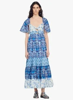 Sandro TOPAZE - Lange Jurk Met Hartvormige Hals En Print | Blauw