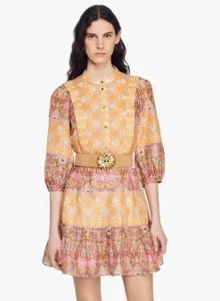 Sandro CABOURG - Korte, Uitlopende Jurk Met Maokraag Linnenblend | Beige