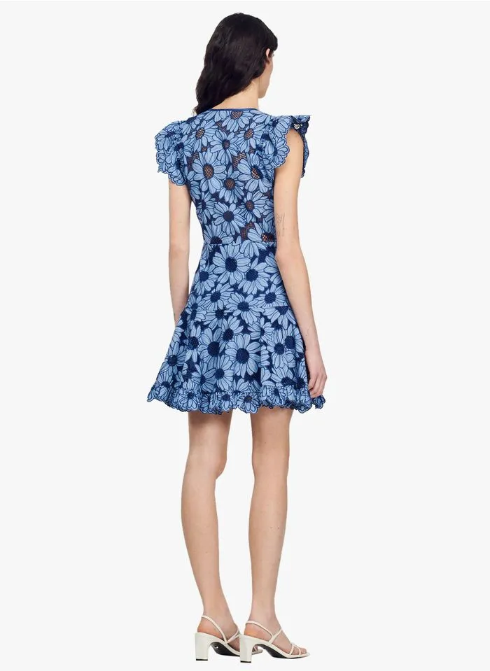 Sandro MELLITE - Korte, Uitlopende Jurk Van Guipurekant Met Margrietenmotief | Blauw - Afbeelding 4