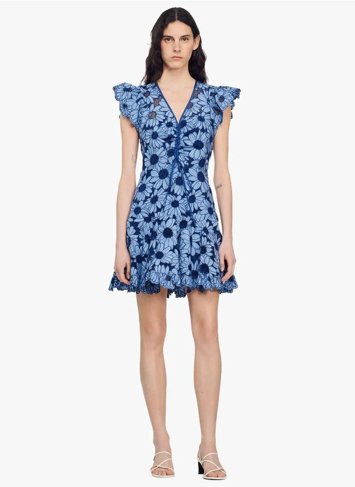 Sandro MELLITE - Korte, Uitlopende Jurk Van Guipurekant Met Margrietenmotief | Blauw - Afbeelding 3