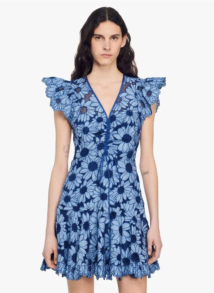 Sandro MELLITE - Korte, Uitlopende Jurk Van Guipurekant Met Margrietenmotief | Blauw
