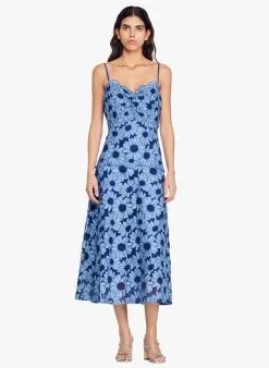 Sandro FIBY - Halflange, Uitlopende Jurk Van Guipurekant Met Margrietenmotief | Blauw