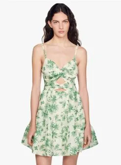Sandro NANCES - Korte Jurk Met V-hals En Print Linnenblend | Groen