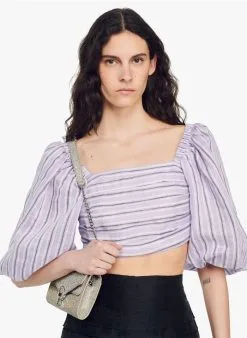 Sandro BLONVILLA - Korte Top Van Linnenmix Met Vierkante Kraag En Strepen | Violet